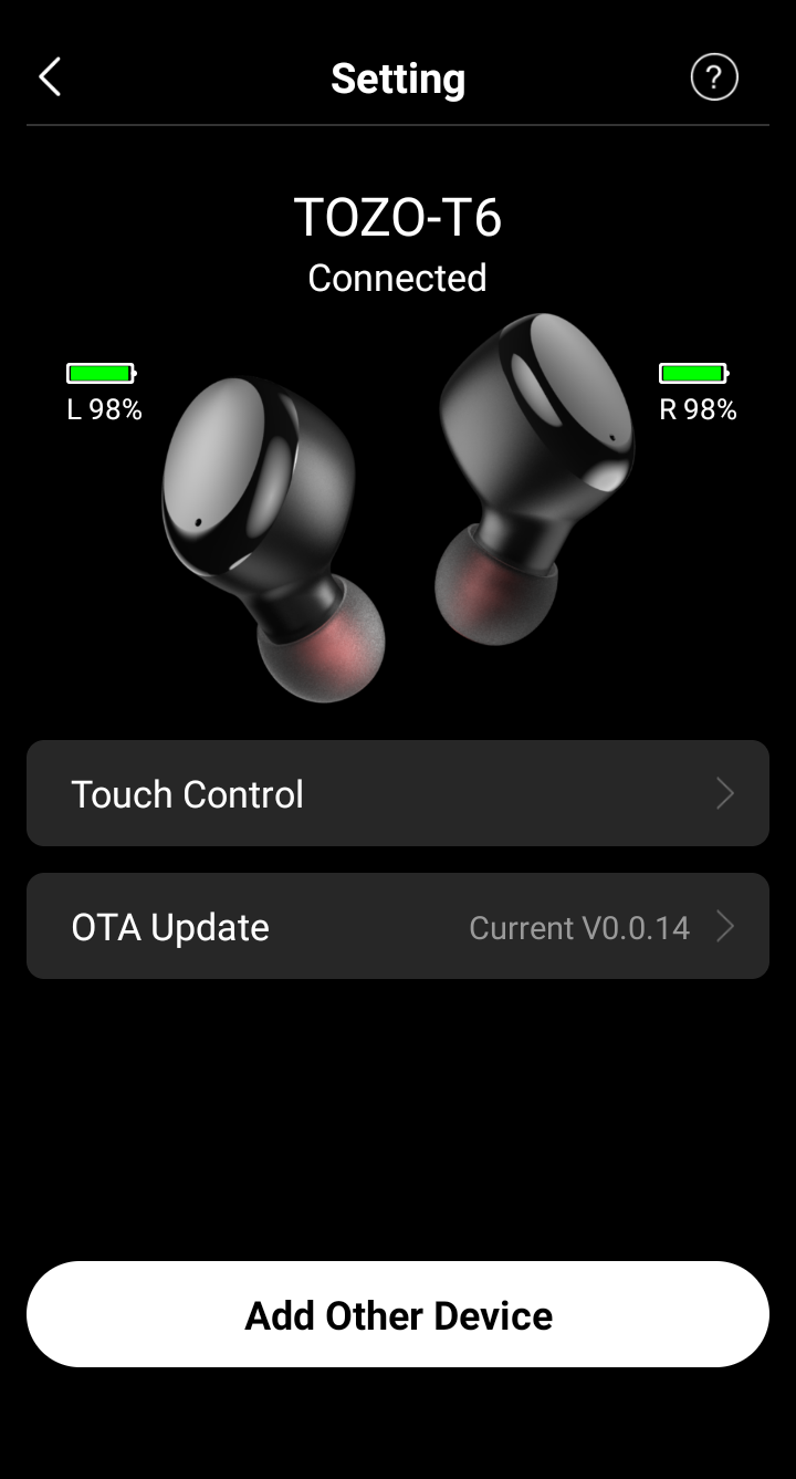 Tozo&rsquo;s app displaying the current firmware version.